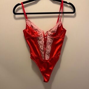 Savage x Fenty Red Lace-Trimmed Satin Bodysuit